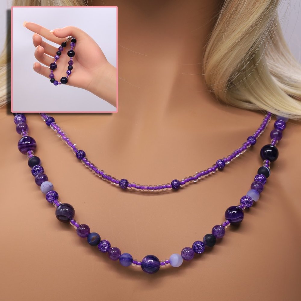 3 Piece Set Necklace With Bracelet, Earrings and Amethyst Seed Beads